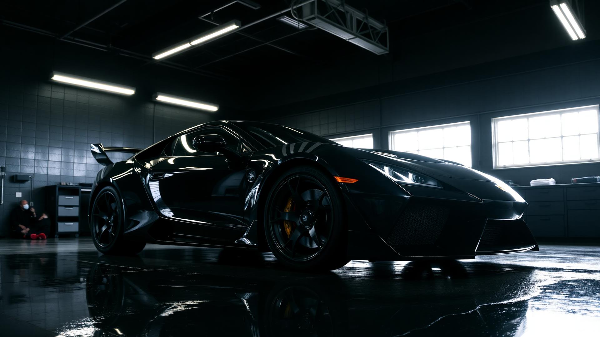 Carro esportivo preto detalhado em estúdio de estética automotiva